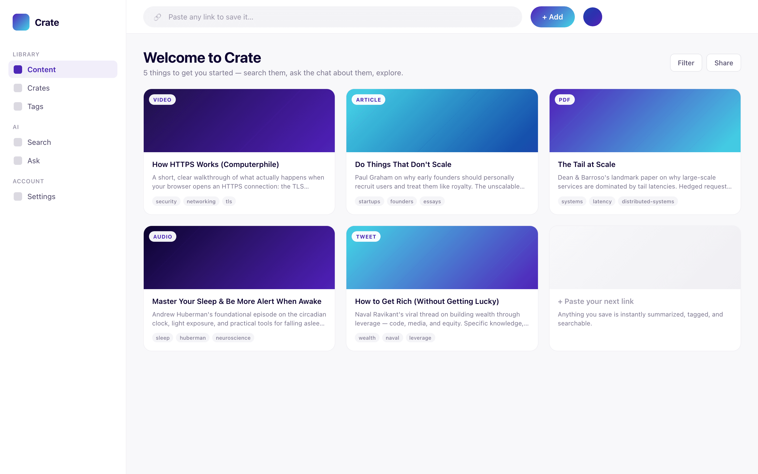 Crate dashboard showing a populated welcome crate with AI-summarized content